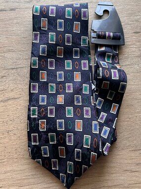 Vintage Monsieur Givenchy Silk Tie Geometric Pattern Navy Multicolor 90s
